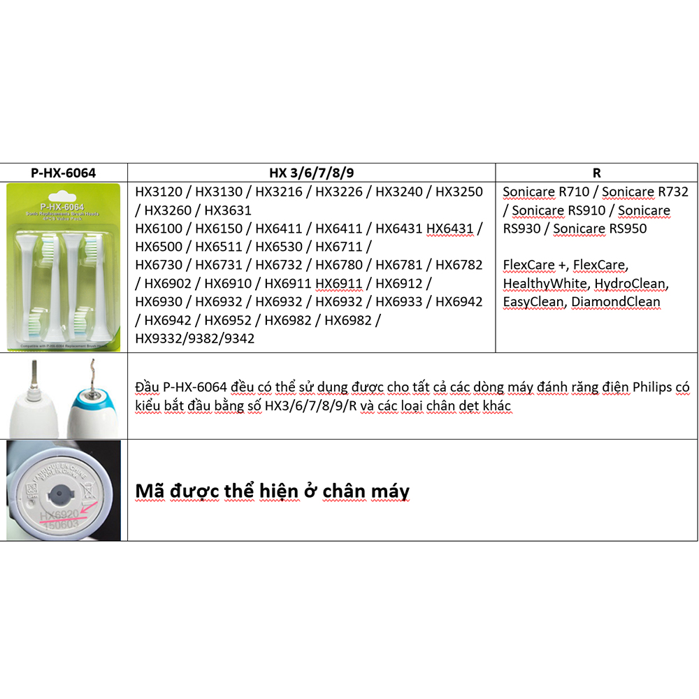 Bộ 4 đầu bàn chải đánh răng điện HX-6064 Trắng cho máy Philips Sonicare HX3, HX6, HX7, HX8, HX9, R, FlexCare +, FlexCare, HealthyWhite, HydroClean, EasyClean, DiamondClean