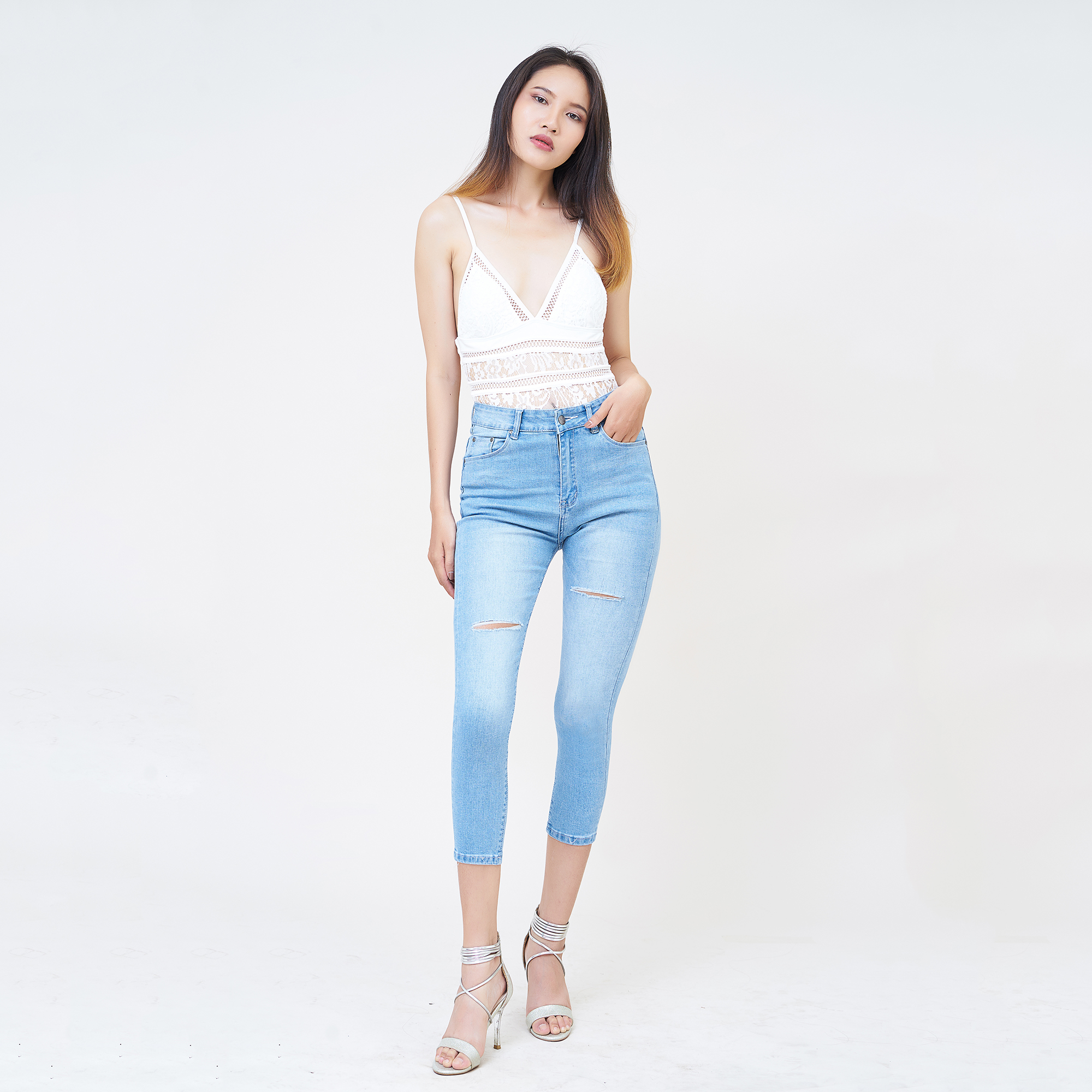 Quần jean nữ AAA JEANS lửng skinny lưng cao xanh biển