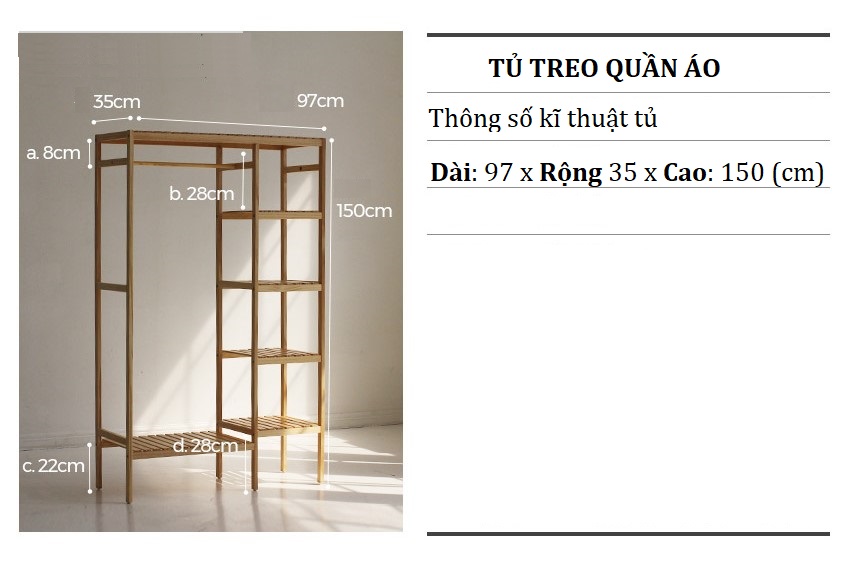 TỦ TREO QUẦN ÁO ĐÔI 5 TẦNG GỖ THÔNG 97x150 cm