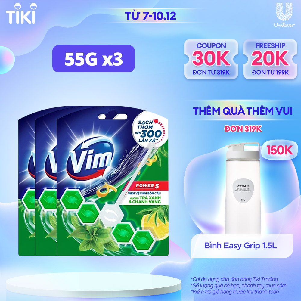 Combo 3 Viên Tẩy Bồn Cầu VIM Power 5 Hương Trà Xanh Chanh Vàng 55G