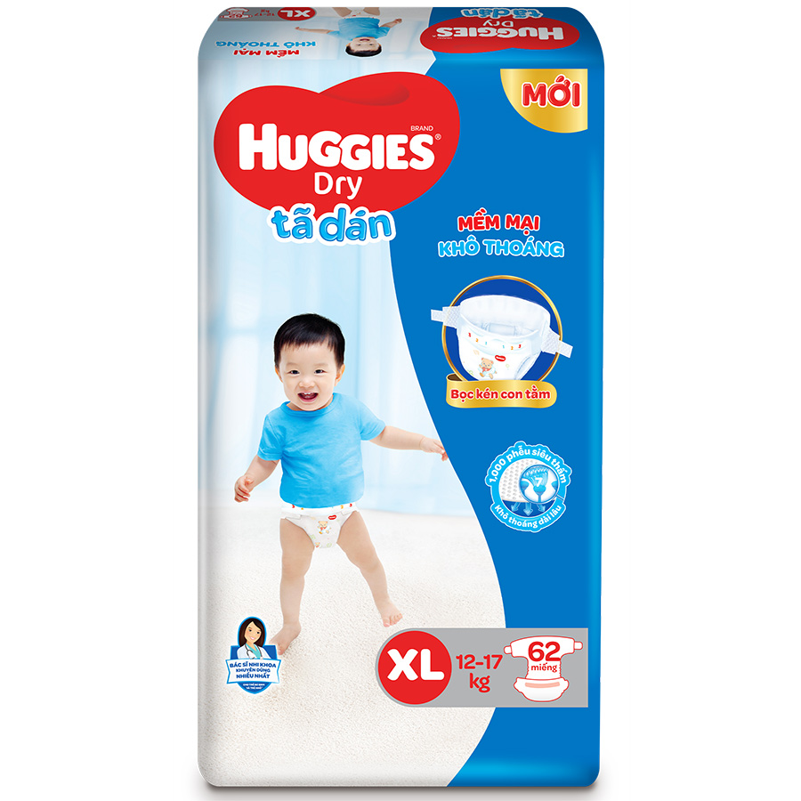 Tã Dán Huggies Dry Gói Cực Đại XL62 (62 Miếng) - Bao Bì Mới