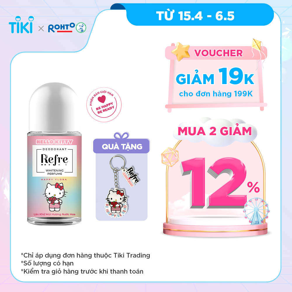 Lăn khử mùi hương nước hoa Refre Whitening Perfume Happy Flora - Hương Hạnh Phúc 40ml (Phiên bản Hello Kitty giới hạn) + Tặng móc khóa Hello Kitty xinh xắn