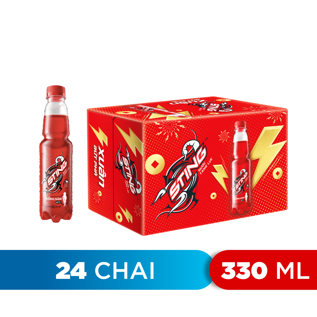 Thùng 24 Chai Nước Tăng Lực Sting Đỏ Dâu (330ml/Chai)