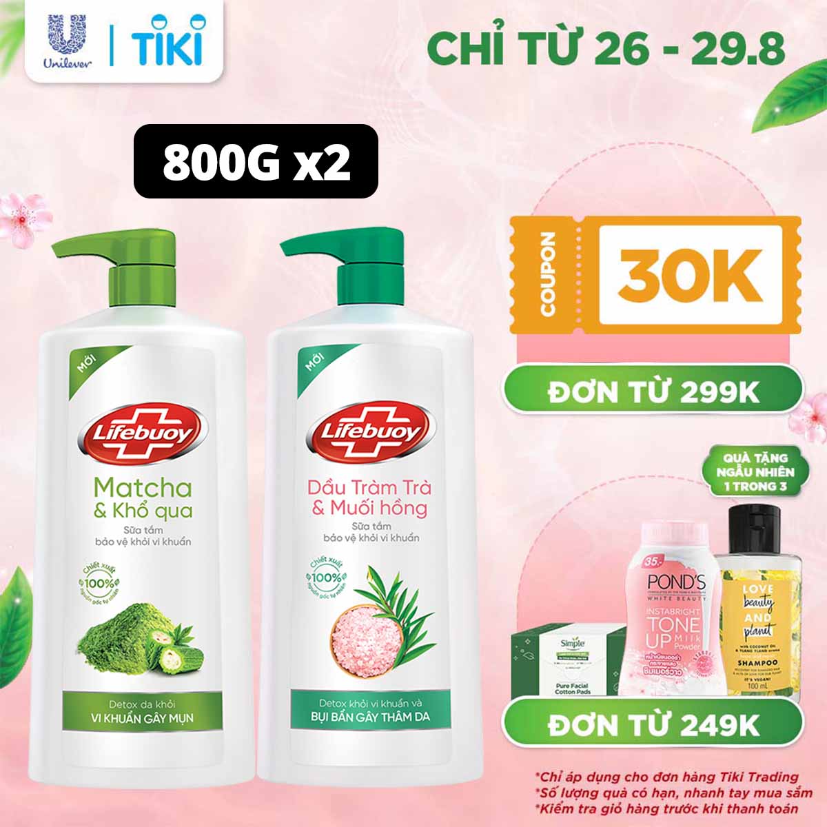 Combo 2 Sữa tắm Lifebuoy Detox và Bảo vệ khỏi vi khuẩn : Matcha &amp; Khổ qua, Dầu Tràm trà &amp; Muối hồng Chai 800G