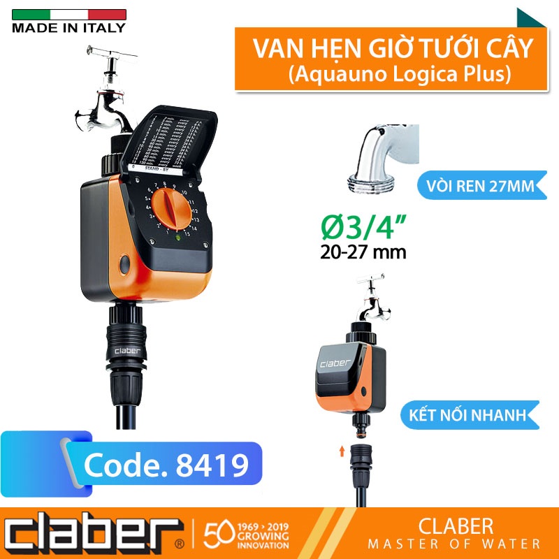 Bộ Hẹn Giờ Tưới Cây Tự Động 15 Kênh Vặn Claber 8419 - Kết Nối Cảm Biến Mưa