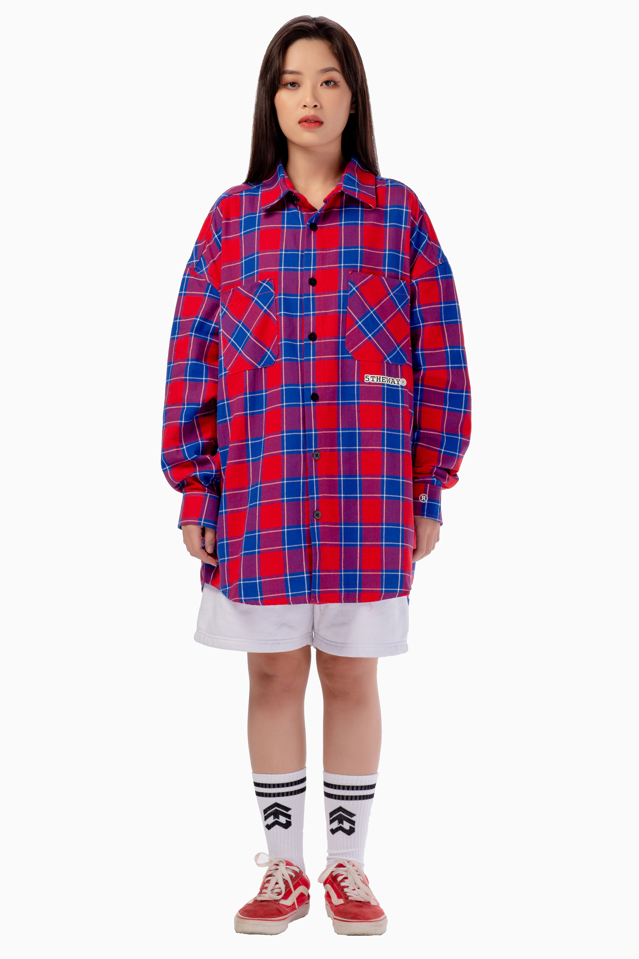 Áo Sơ Mi Flannel 5THEWAY Tay Dài Sọc Caro Đỏ aka /stroke/ BIG LOGO FLANNEL SHIRT in RE/WH