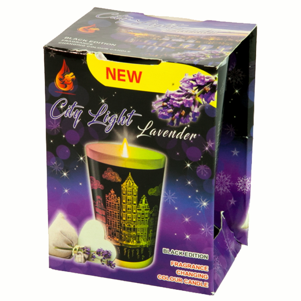 Ly nến thơm tinh dầu đổi màu Golden Dragon City Light Lavender 140g QT028406 - hoa oải hương