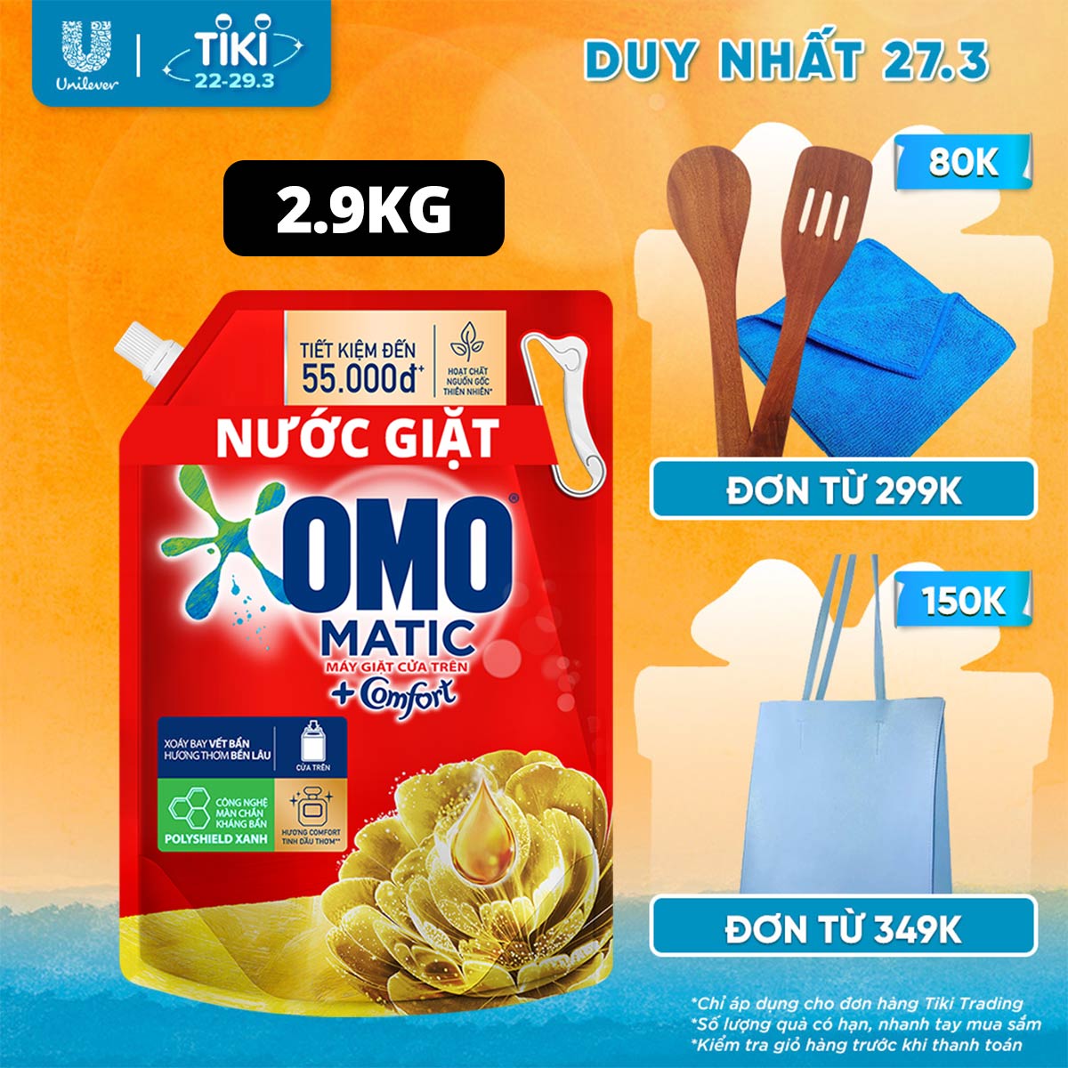 Túi Nước Giặt Omo Matic Comfort Cho Máy Giặt Cửa Trên Hương Tinh Dầu Thơm Xoáy Bay Vết Bẩn, Hương Thơm Bền Lâu 2.9Kg