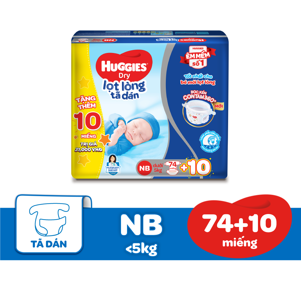 Tã dán sơ sinh Huggies NB74 (dưới 5kg) - Gói 74 miếng + Tặng 10 miếng