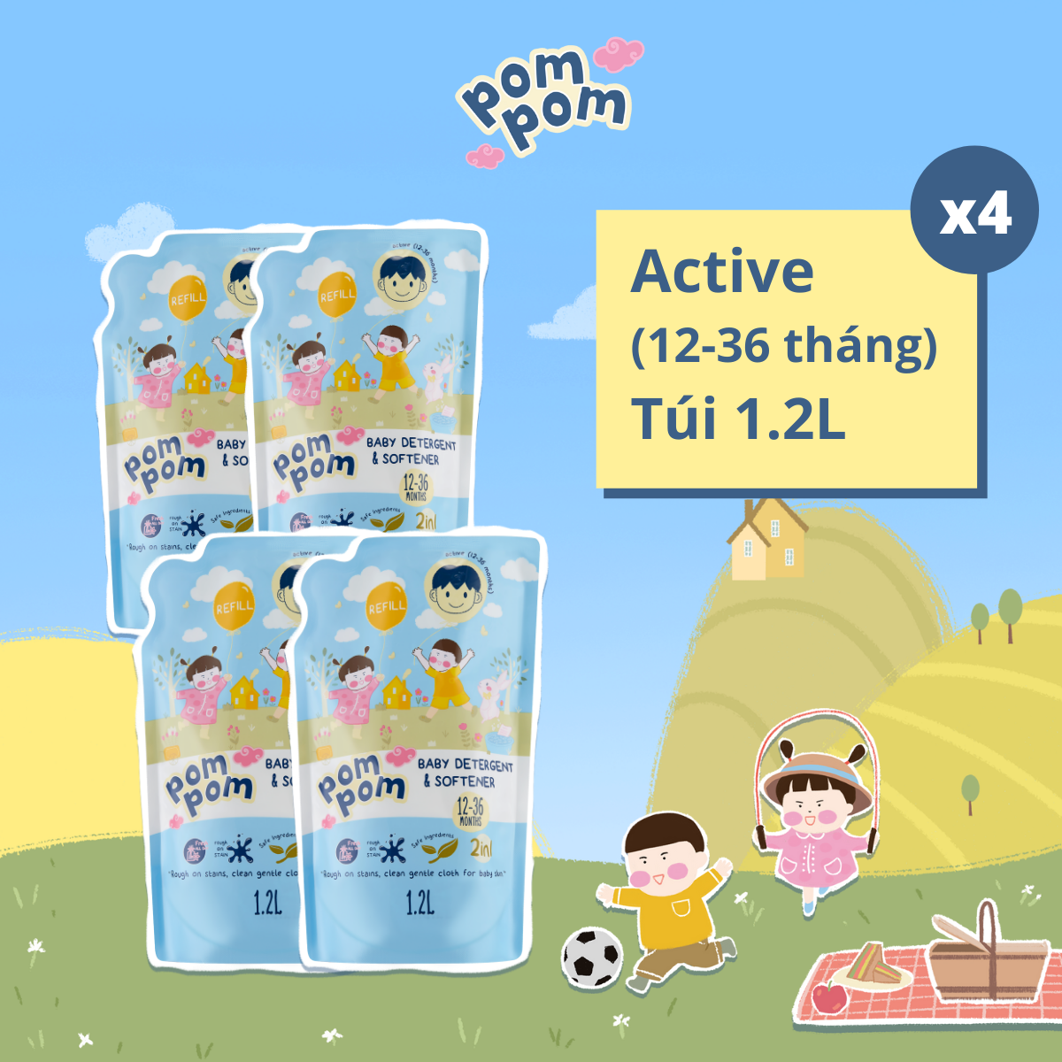 Nước Giặt Xả Pom Pom Active chuyên biệt dành cho bé năng động (12 – 36 tháng) - Thùng 4 Túi 1,2L