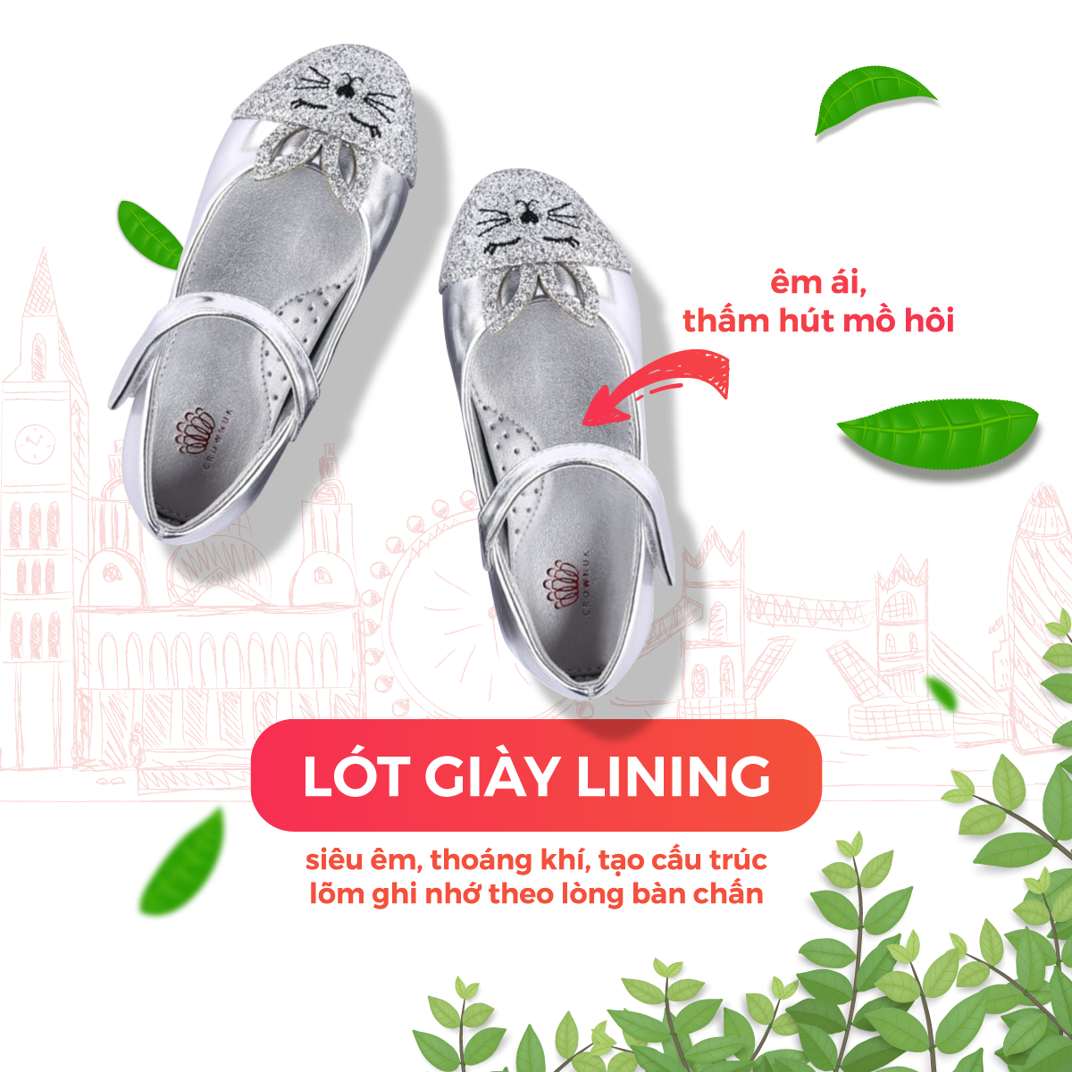 Giày Búp Bê Đi Học Bé Gái Crown Space UK School Shoes CRUK3121 Cao Cấp Nhẹ Êm Thoáng Mát Size 28-36/4-14 Tuổi