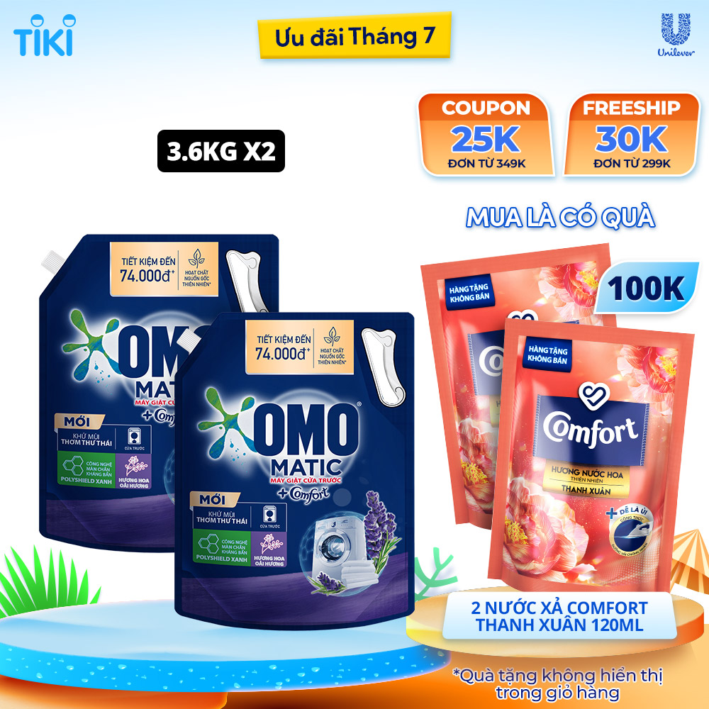 Combo 2 túi nước giặt OMO Matic chuyên dụng Cửa Trước Lavender Khử Mùi Thư Thái 3.6kg + 2 Nước Xả Comfort 120ml Ngẫu Nhiên