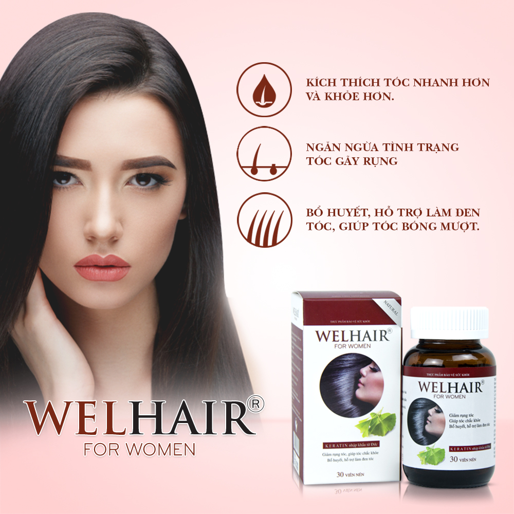 Viên uống Ngăn Rụng Tóc, Giúp Tóc Mọc Dày và Nhanh, Làm Đen Tóc Welhair for Women (Hộp 30 viên)