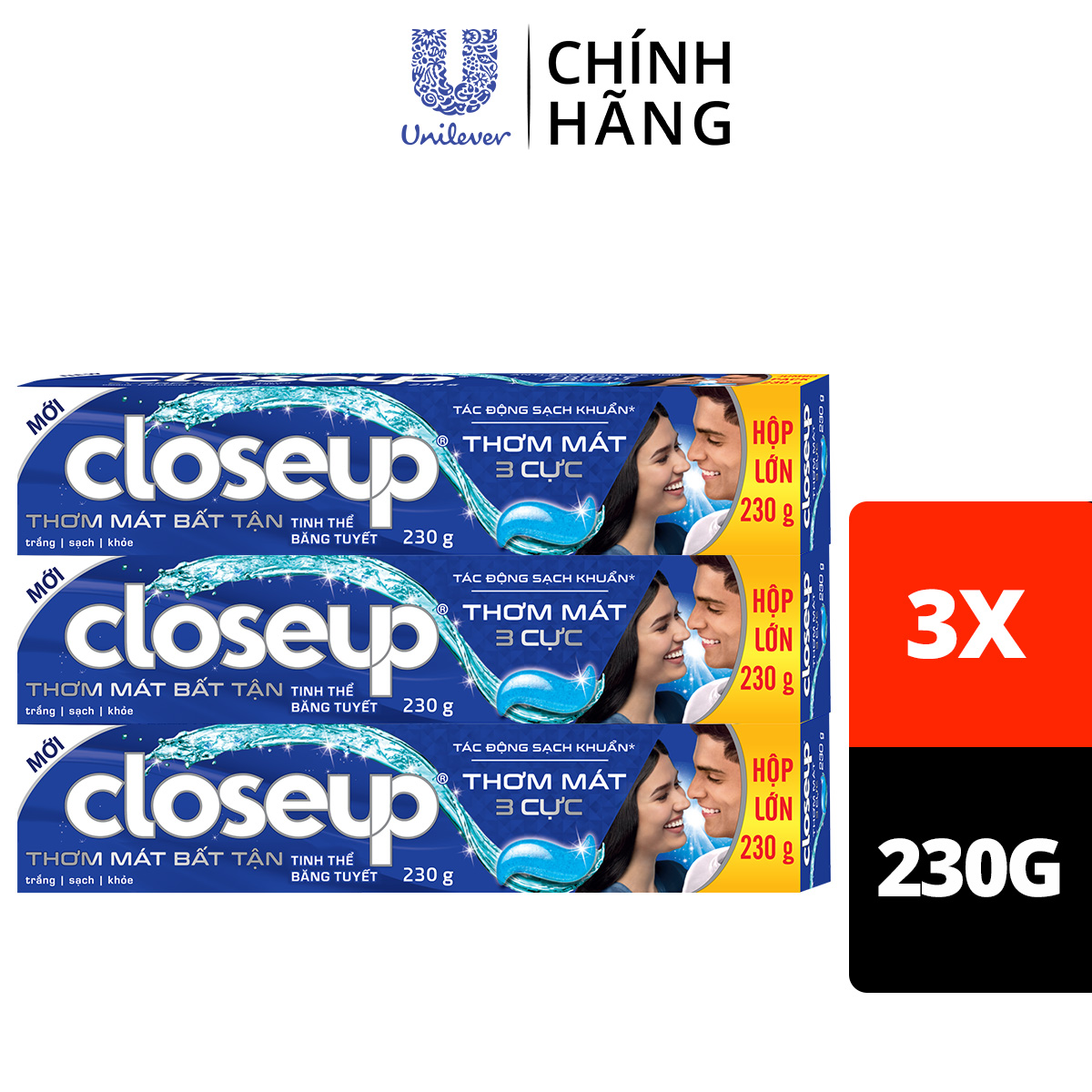 Combo 3 Kem Đánh Răng Closeup Gel Sạch Khuẩn Tinh Thể Băng Tuyết Cho Hơi Thở Thơm Mát Bất Tận 230G/Tuýp