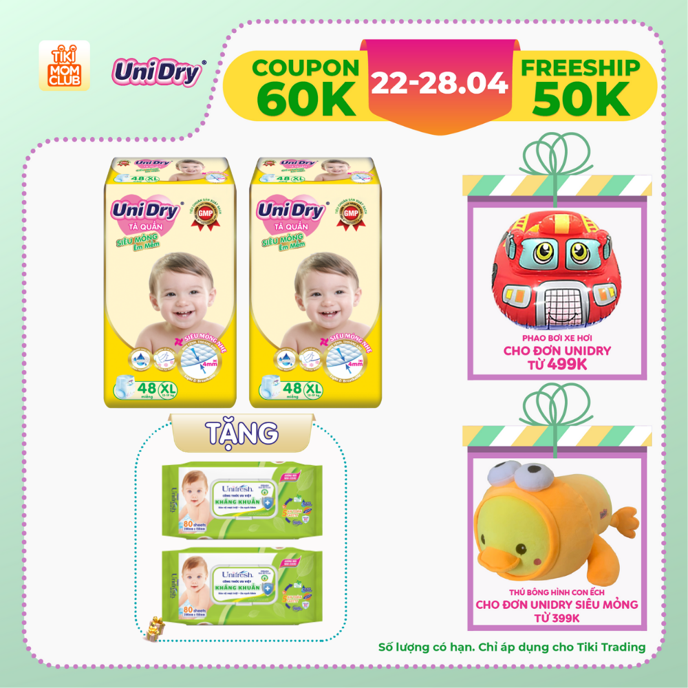 Combo 2 tã quần em bé siêu mỏng UniDry - Tặng 2 gói khăn ướt Unifresh Aloevera 80M