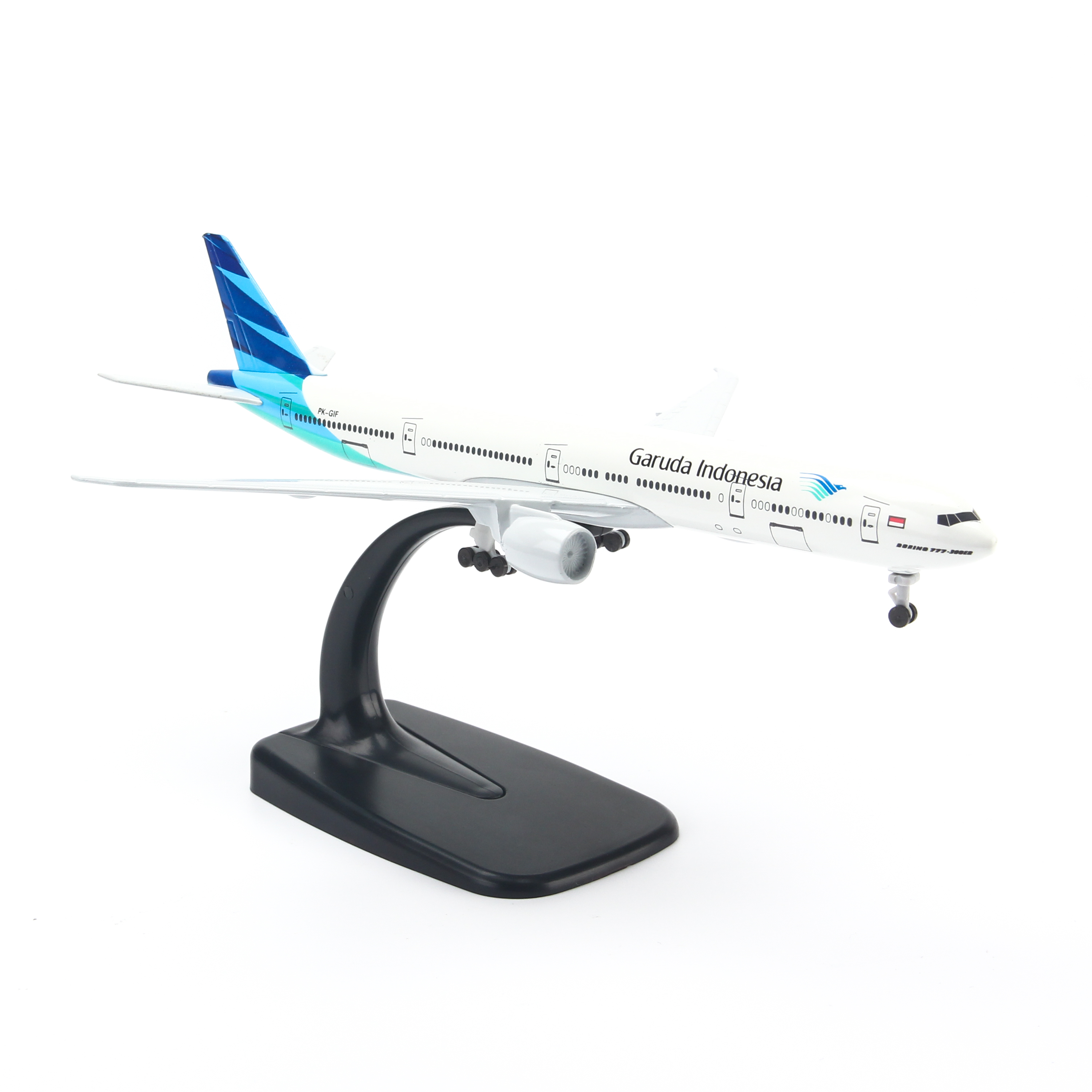 Mô hình máy bay Boeing777 Garuda Indonesia (20cm) ( Trắng Xanh,có bánh )