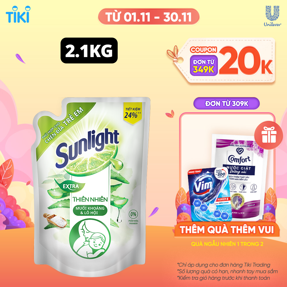 Nước rửa chén Sunlight Thiên Nhiên an toàn cho chén đĩa trẻ em với chiết xuất Lô Hội và Muối khoáng túi 2.1kg