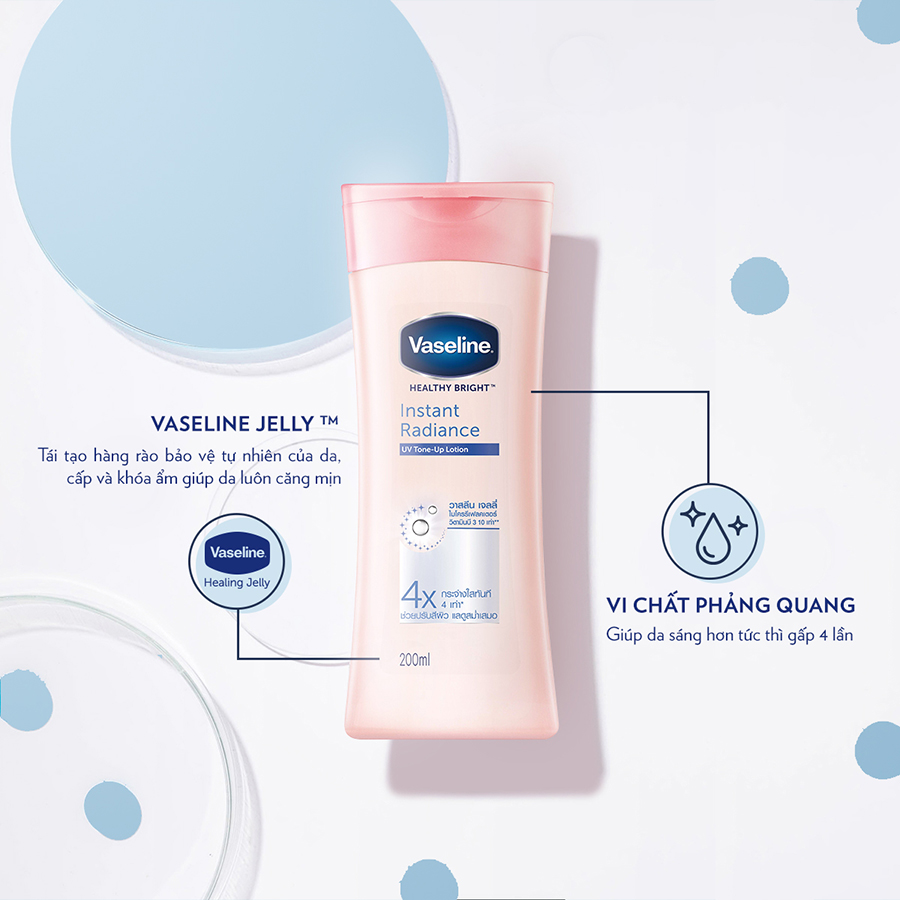 Sữa Dưỡng Thể Vaseline Instant Radiance Sáng Da Gấp 4 Lần Với Vi Chất Phản Quang Cho Da Sáng Khỏe Mịn Màng 200ml