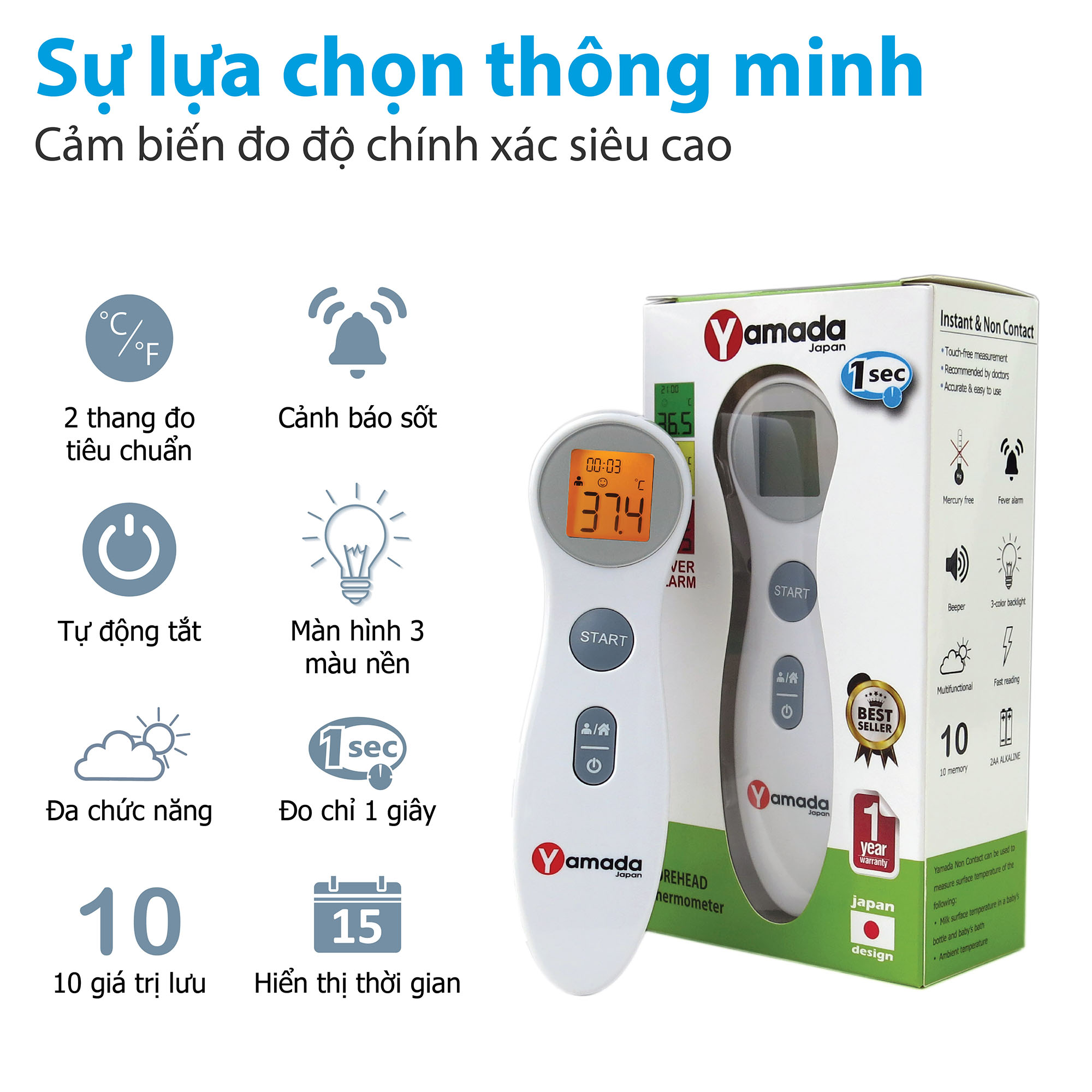 Nhiệt kế điện tử hồng ngoại đo trán Yamada - Đo không chạm chỉ 1 giây: thân nhiệt, sữa, nước tắm và nhiệt độ phòng