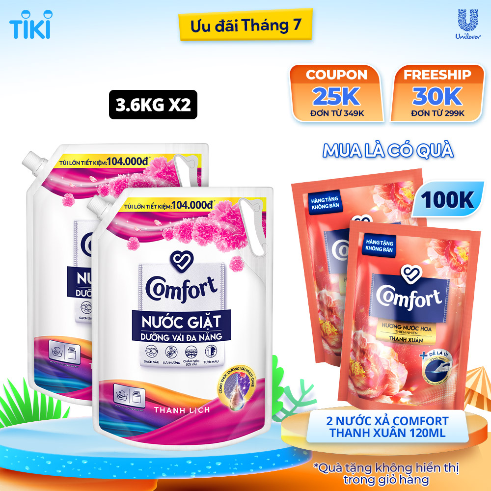 Combo 2 túi nước giặt dưỡng vải Comfort hương Thanh Lịch túi 3.6kg + 2 Nước Xả Comfort 120ml Ngẫu Nhiên