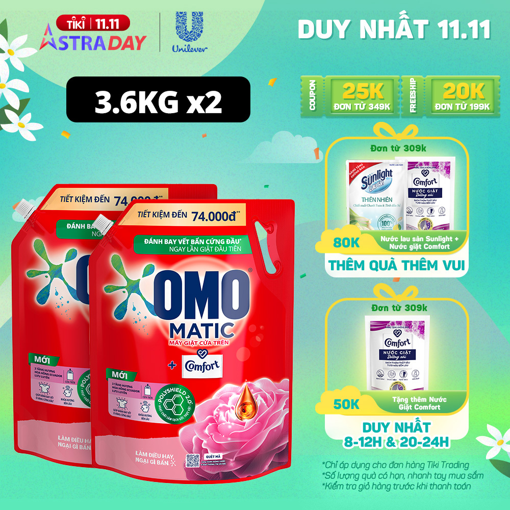 Combo 2 túi Nước giặt OMO Matic Comfort Hương Hoa Hồng Ecuador cho máy giặt cửa trên, túi 3.6kg