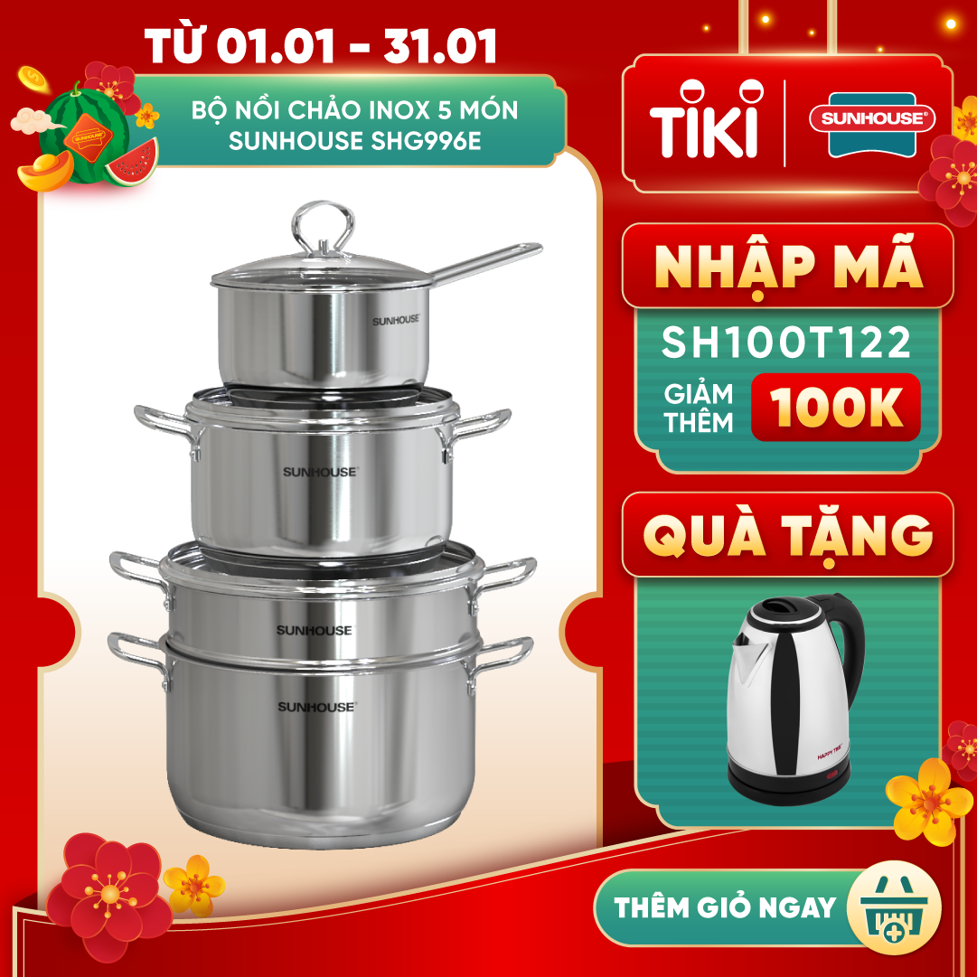 Bộ nồi chảo inox cao cấp 5 món Easy Cook Sunhouse SHG996E gồm 2 nồi (20cm, 24cm), 1 chảo 24cm , 1 quánh 24cm , 1 xửng hấp 16cm - Dùng trên mọi loại bếp - Hàng chính hãng