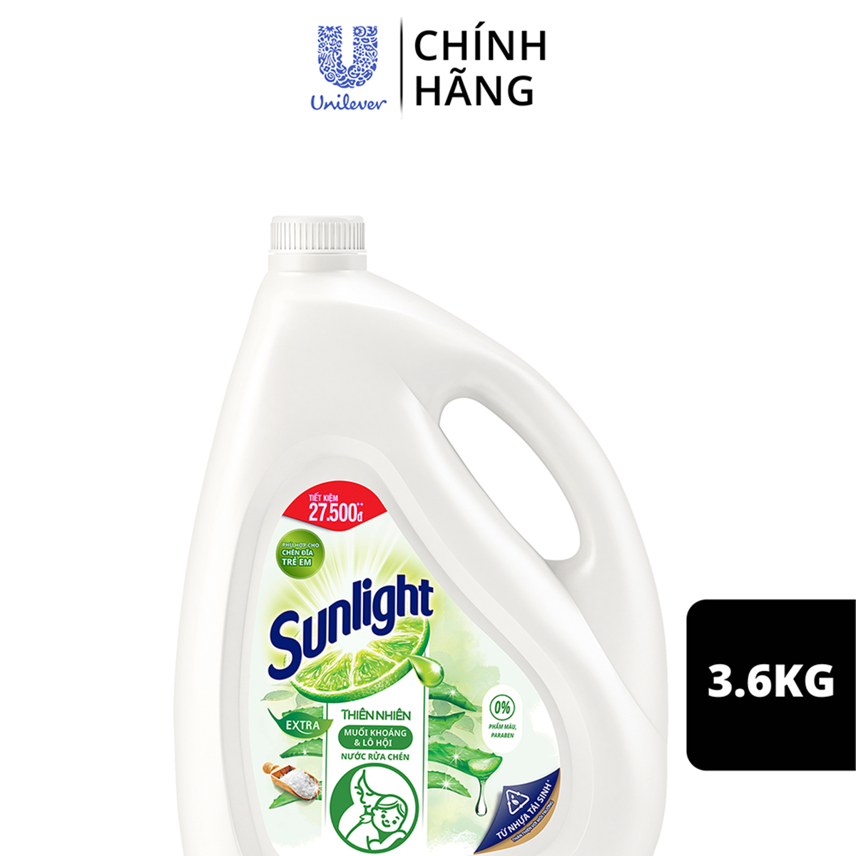 Nước Rửa Chén Bát Sunlight Thiên Nhiên Muối Khoáng & Lô Hội 3.6kg