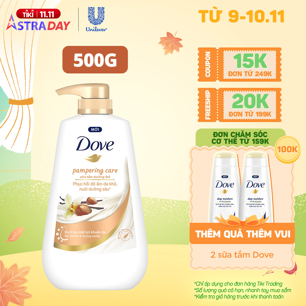 Sữa tắm dưỡng thể Dove Pampering Care phục hồi độ ẩm da khô với bơ hạt mỡ và hương hoa vanilla 500g