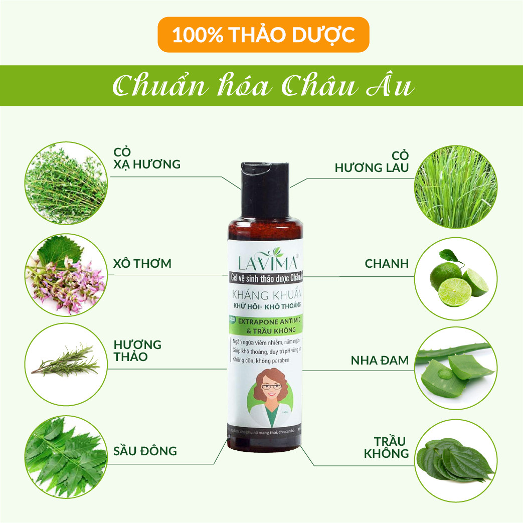 Dung dịch vệ sinh phụ nữ kháng khuẩn Thảo dược Châu Âu LAVIMA- gel rửa phụ khoa ngăn ngừa nấm ngứa, viêm lộ tuyến 88g