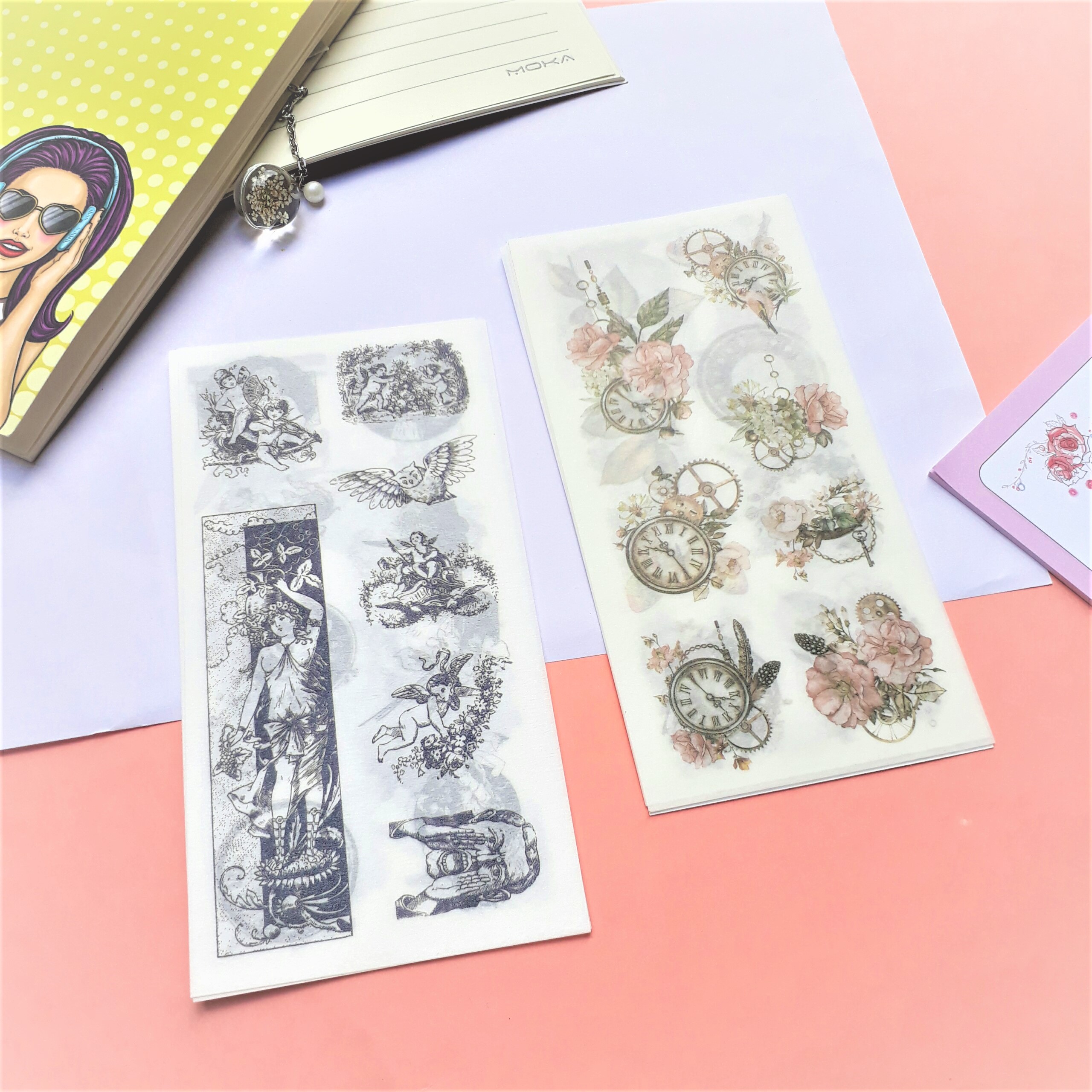 Combo 2 Bộ 6 Tấm Sticker Dán Trang Trí Thiên Thần Và Hoa Xưa