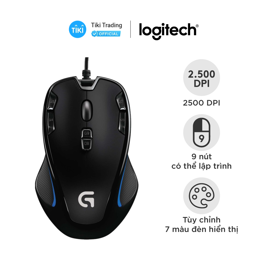 Chuột game có dây Logitech G300S - 9 nút bấm có thể lập trình, 7 màu RGB - Hàng chính hãng