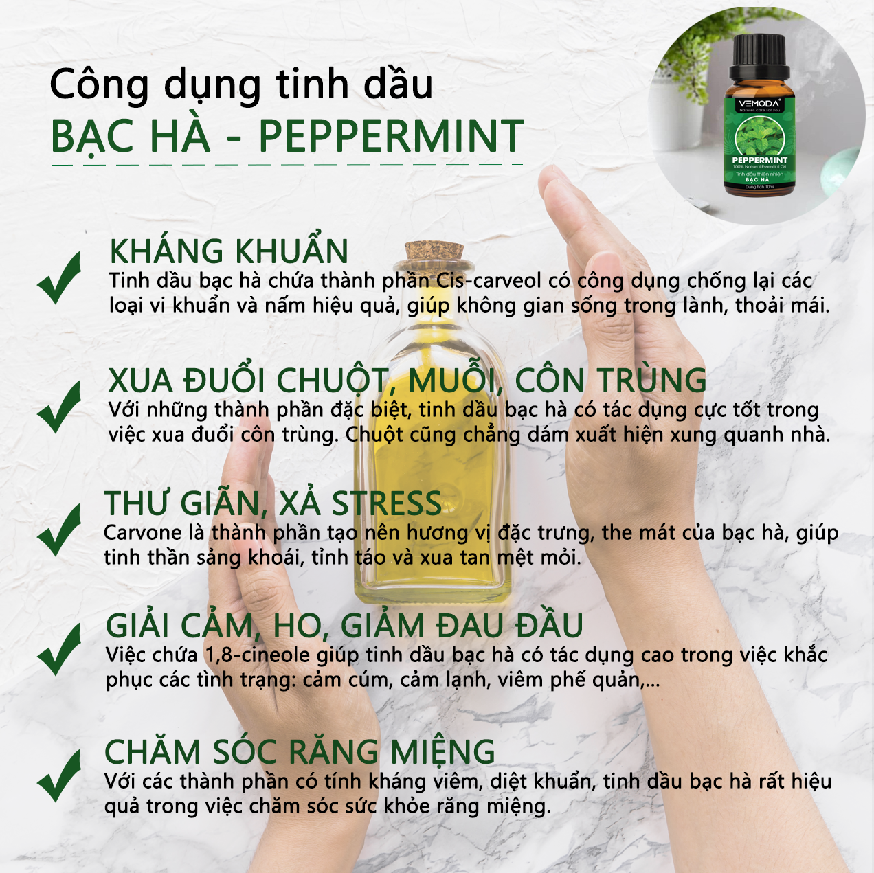 Tinh dầu xông phòng cao cấp gồm 3 chai tinh dầu nguyên chất Vemoda: tinh dầu Sả chanh (10ml) + tinh dầu Vỏ bưởi HG (10ml) +  tinh dầu Bạc hà (10ml)