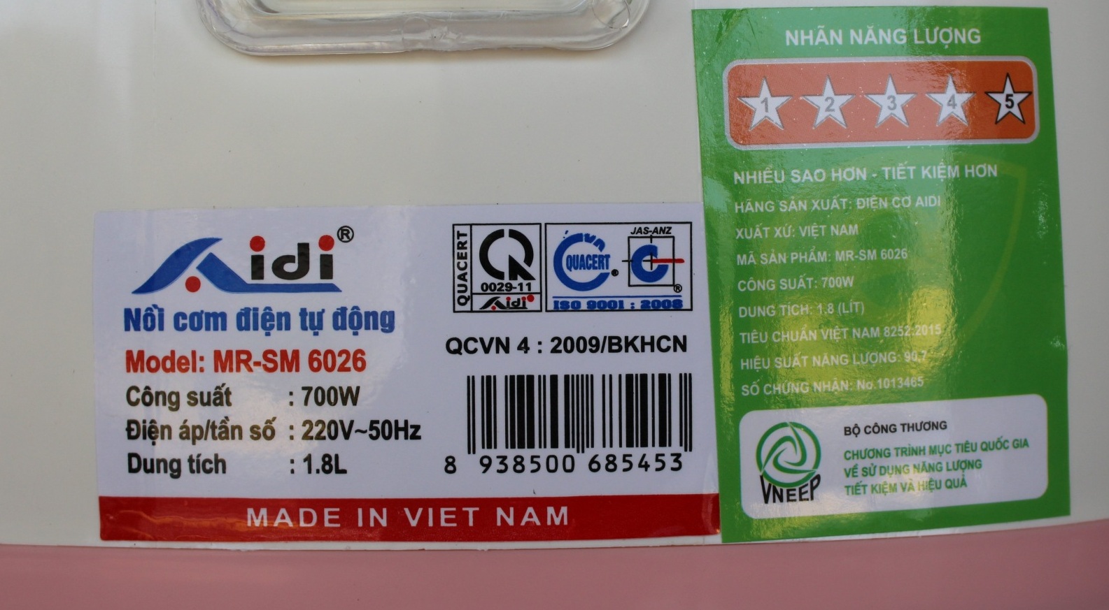 Nồi cơm điện ủ đa chiều Aidi MR-SM 6026 (1,8 lít) - Màu Ngẫu Nhiên - Hàng Chính Hãng