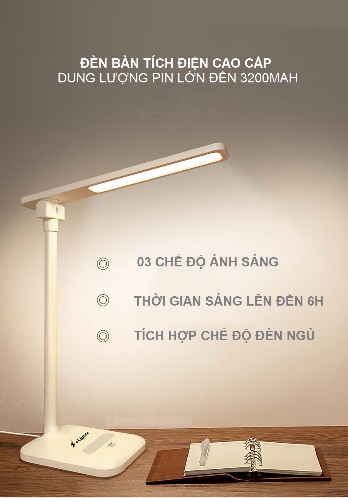 Đèn Bàn Học Đọc Sách, Làm Việc (Học Sinh, Sinh Viên, Văn Phòng) LED Chống Cận, Cảm Ứng Tích Điện Pin 3200mAh eLights TD-618