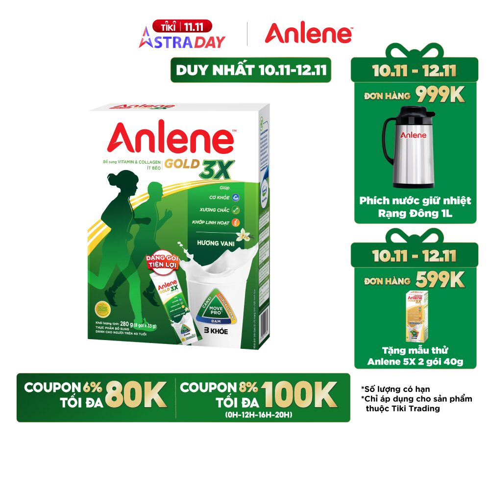 Sữa bột Anlene Gold 3X dạng gói tiện lợi 280g (8 gói x 35g)