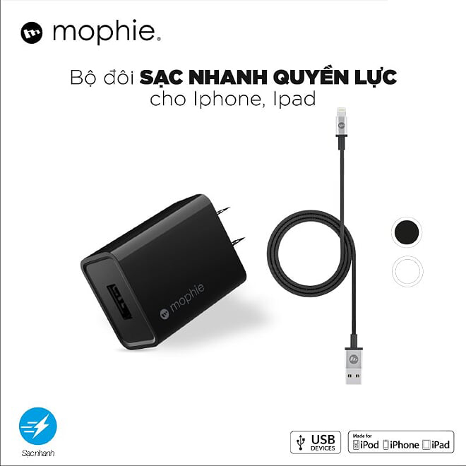 Bộ Adapter Sạc Mophie 10W Kèm Cáp USB-A to Lightning 1m Dành Cho iPhone/iPad - Hàng Chính Hãng