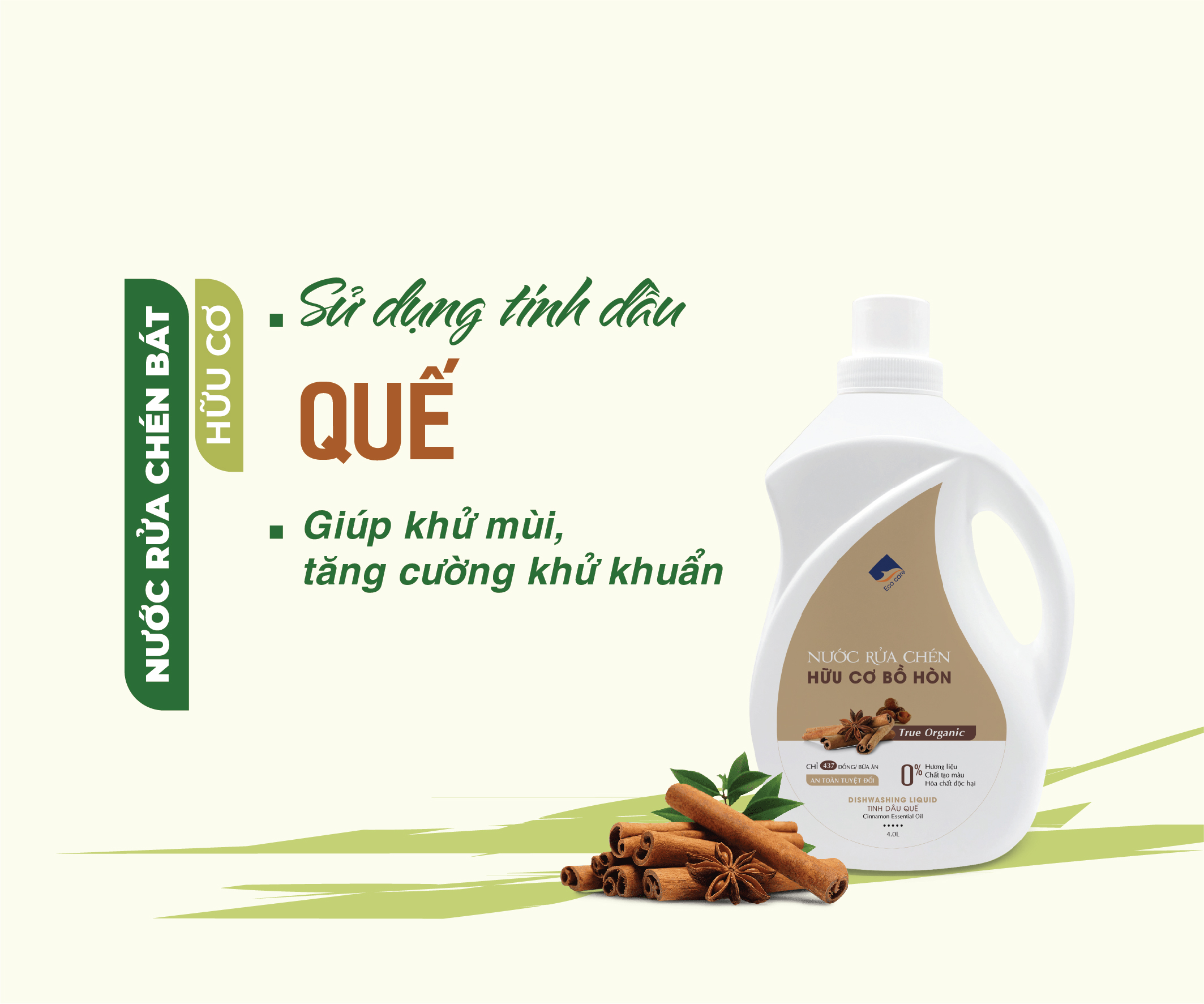 Nước rửa chén hữu cơ Bồ hòn Ecocare tinh dầu Quế 2000ml 