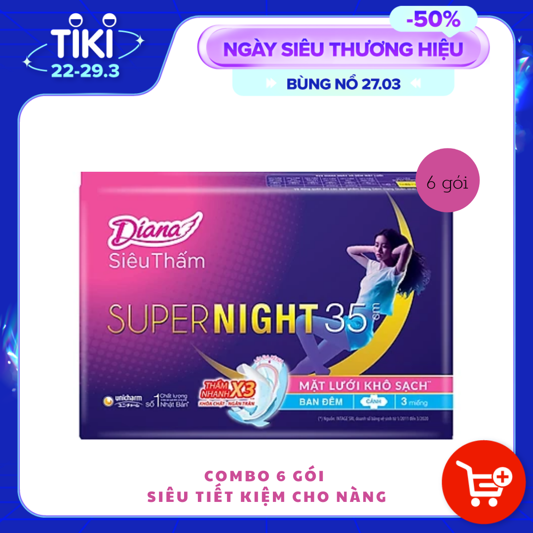 Combo 6 Băng Vệ Sinh Diana Super Night 35cm (Gói 3 Miếng)