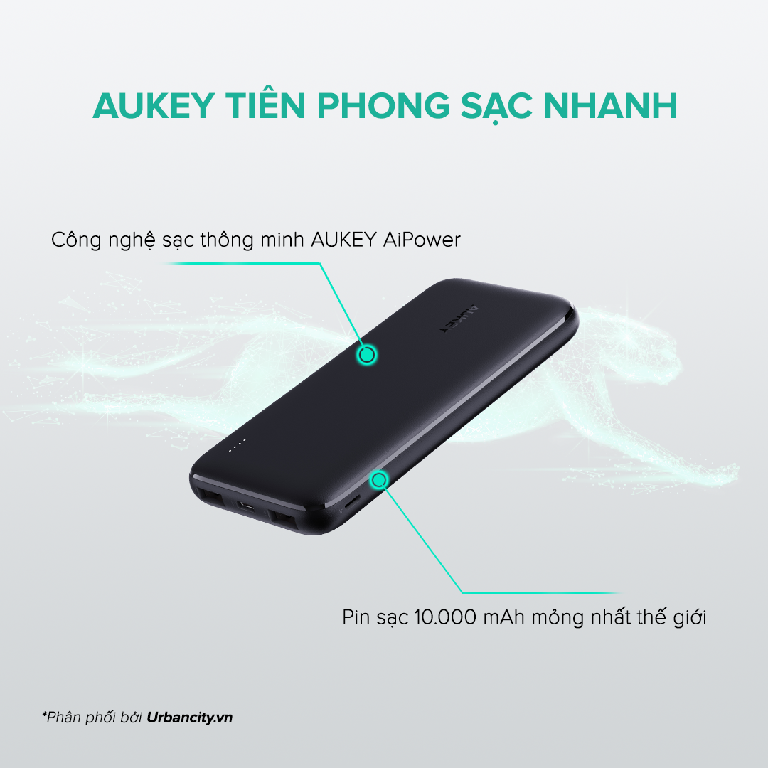 Pin Sạc Dự Phòng Siêu Mỏng 10.000 mAh Aukey PB-N73 1 Cổng Sạc Nhanh Type C 15W, 2 Cổng USB-A - Hàng Chính Hãng