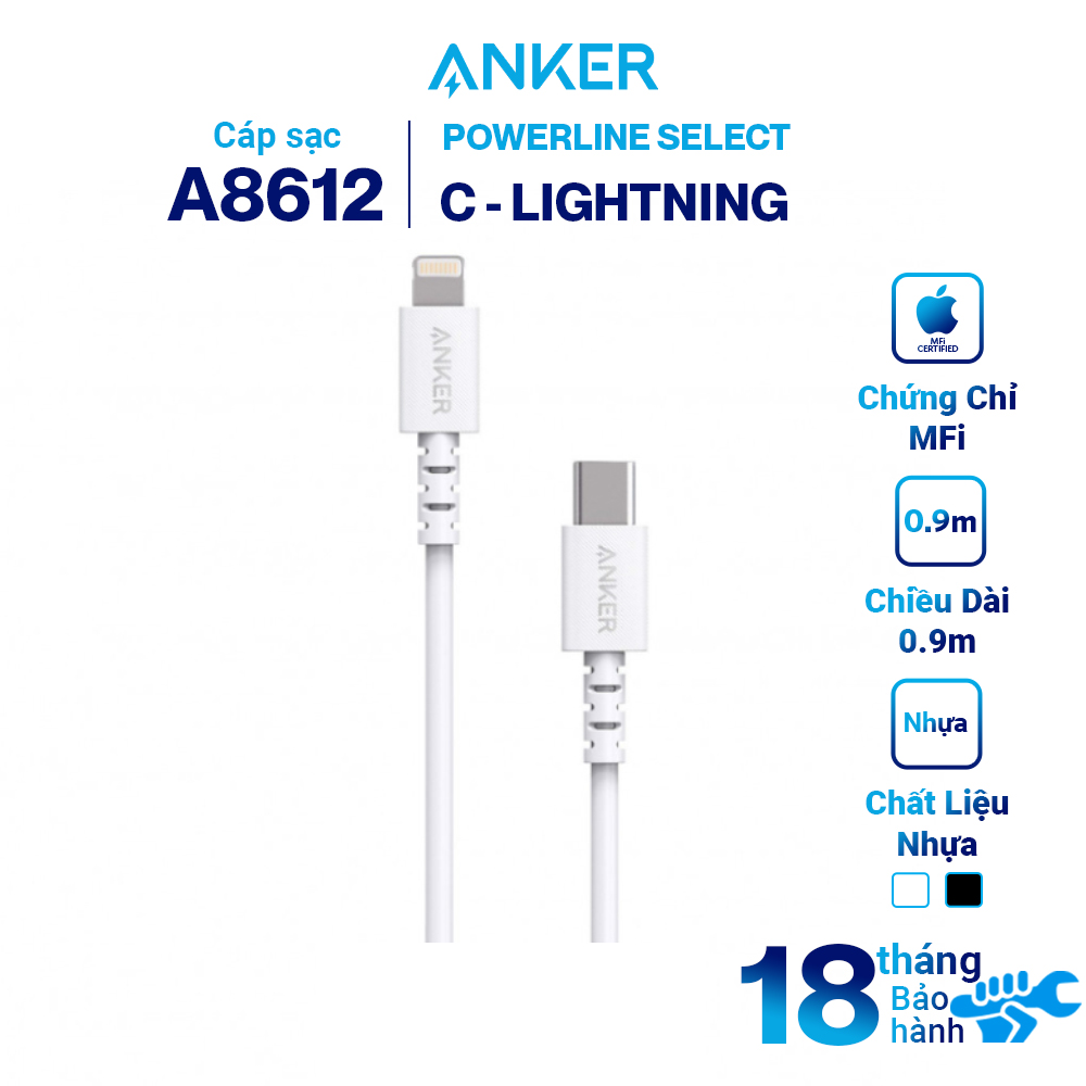 Dây Cáp Sạc USB-C to Lightning Chuẩn MFi Cho iPhone Anker PowerLine Select A8612 0.9m / A8613 1.8m - Hàng Chính Hãng