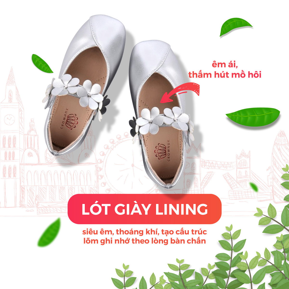 Giày Búp Bê Đi Học Bé Gái Crown UK Princess Ballerina CRUK3117 Cao Cấp Nhẹ Êm Thoáng Mát Size 28-36/4-14 Tuổi