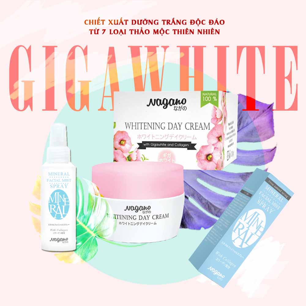 Combo Kem Trắng Da Ban Ngày Và Xịt Khoáng Nagano Japan - Whitening Day Cream & Mineral Facial Mist Spray - Ngăn ngừa hình thành mụn đầu đen và tàn nhang & Bổ sung dinh dưỡng và cân bằng độ ẩm cho da