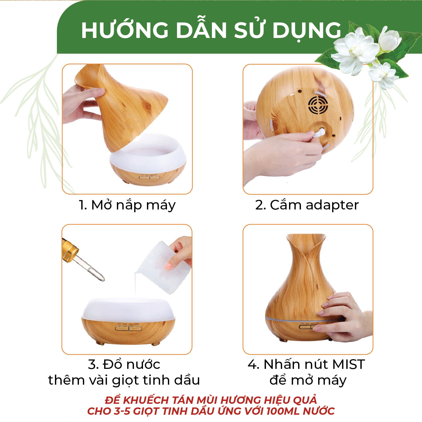 Máy khuếch tán Tinh Dầu 24Care Tulip Vàng Ultrasonic 500ml , Tặng 3 Chai Tinh dầu Sả Chanh + Bạc Hà + Oải Hương 24Care 10ml | Xông Phòng | Kèm Remote Điều Khiển |Công nghệ siêu âm.