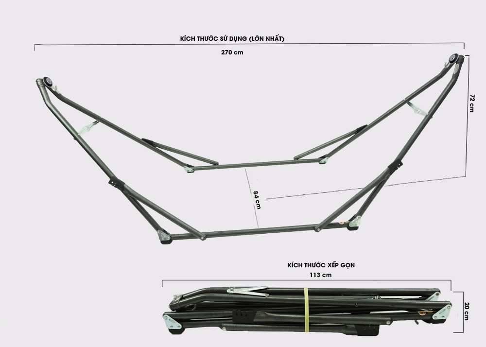 Bộ Khung Võng Xếp Thái Sơn - Relax (Sắt, sơn tĩnh điện) + Võng lưới 2 lớp loại A, cán thép dài 50 cm