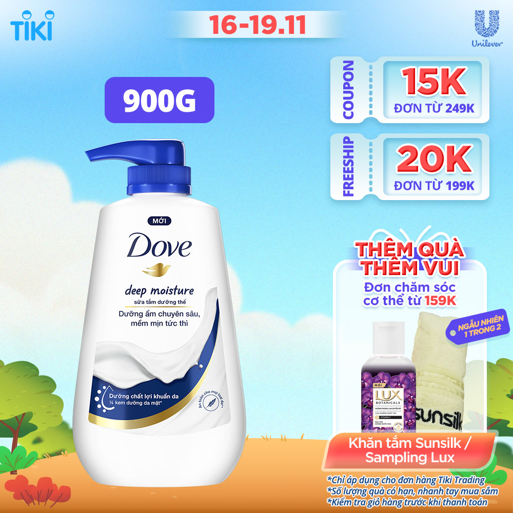 Sữa tắm dưỡng thể Dove Deep Moisture Dưỡng ẩm chuyên sâu với dưỡng chất lợi khuẩn da 900g