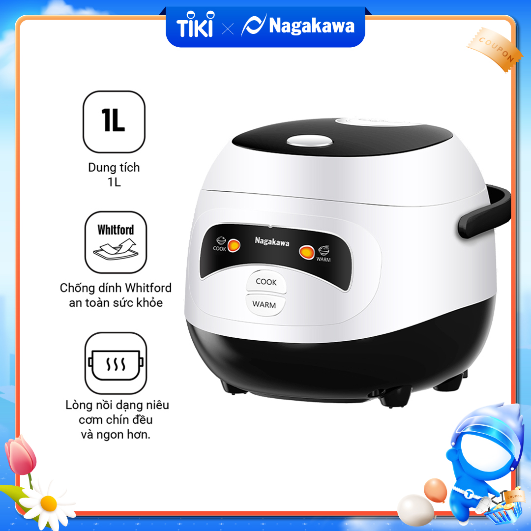 Nồi Cơm Điện Mini Nagakawa NAG0134 Hồng Trắng - Lòng niêu chống dính- 400W-1L - Hàng Chính Hãng