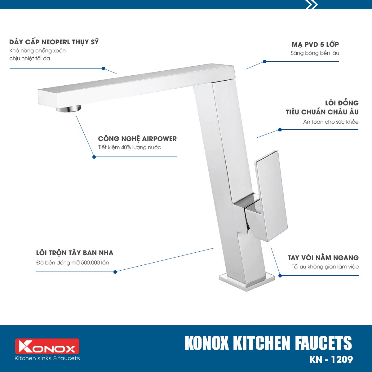 Vòi rửa bát Konox, Model KN1209 , Inox 304AISI tiêu chuẩn châu Âu, mạ PVD 5 lớp sáng bóng, Hàng chính hãng