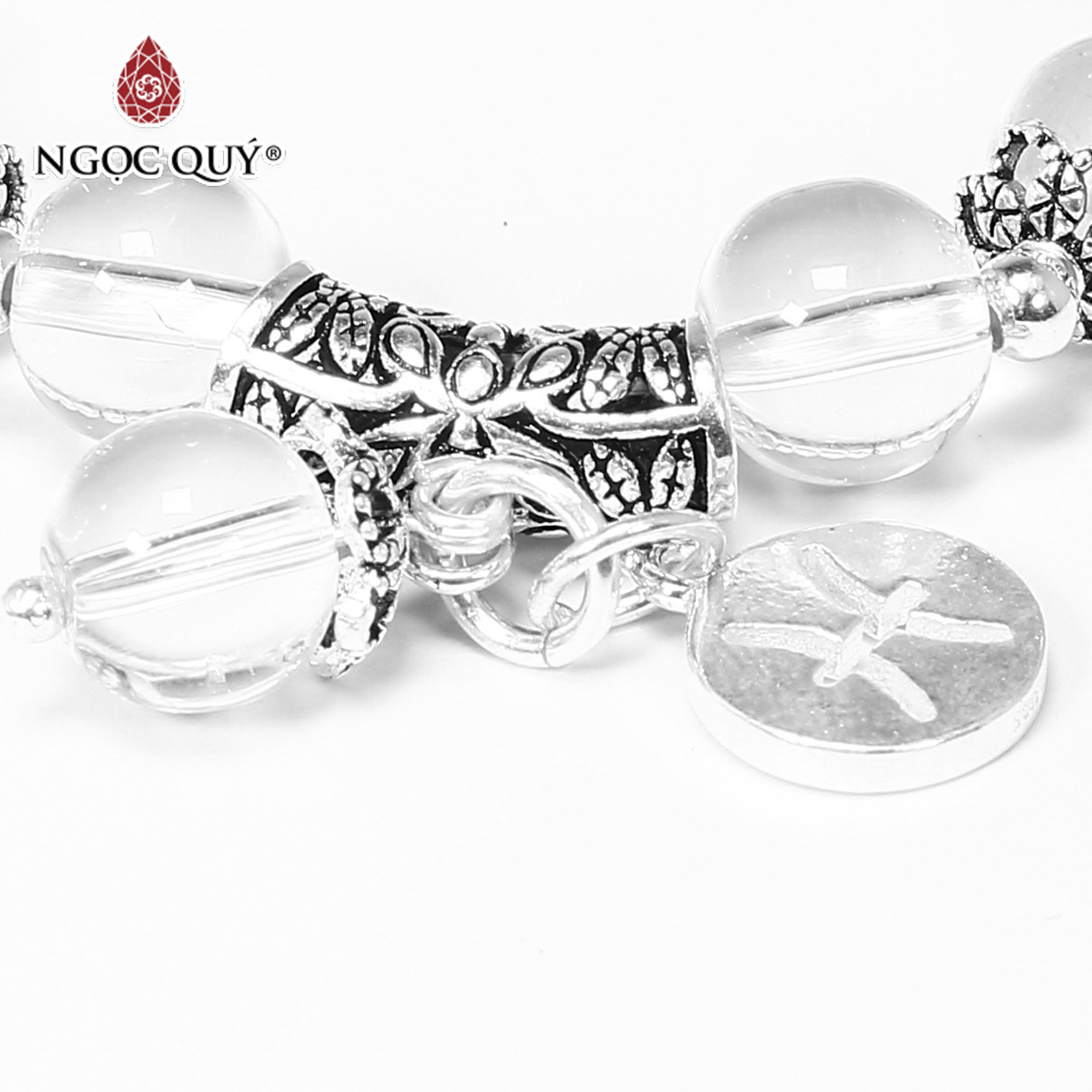 Vòng tay đá thạch anh trắng charm 12 cung hoàng bạc đạo size hạt 8mm - Ngọc Quý Gemstones
