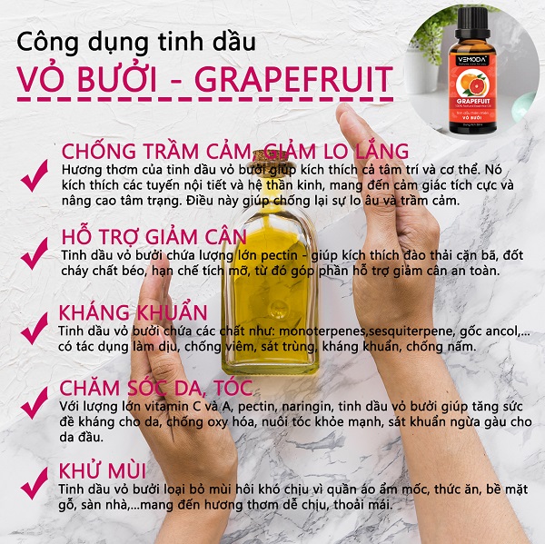 Tinh dầu Vỏ bưởi HG. Grapefruit Essential Oil 50ML. Tinh dầu xông phòng giúp kháng khuẩn, thanh lọc không khí, thư giãn, hỗ trợ giảm cân, chăm sóc da tóc. Tinh dầu thơm phòng cao cấp Vemoda