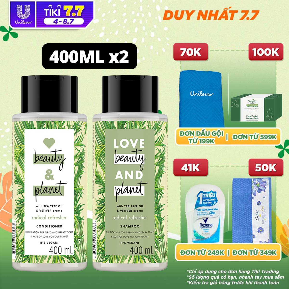 Combo Dầu Gội &amp; Dầu Xả Love Beauty &amp; Planet Sạch Sâu Radical Refresher 100% Tinh Dầu Tràm Trà Úc Hương Cỏ Vetiver 400ML